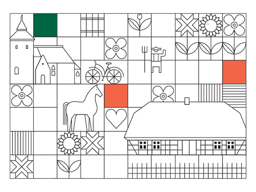 Identyfikacja wizualna dla gminy Swołowo przygotowana przez firmę YOS studio. Ilustracja przedstawia geometryczny rysunek wsi. yos studio poznan
